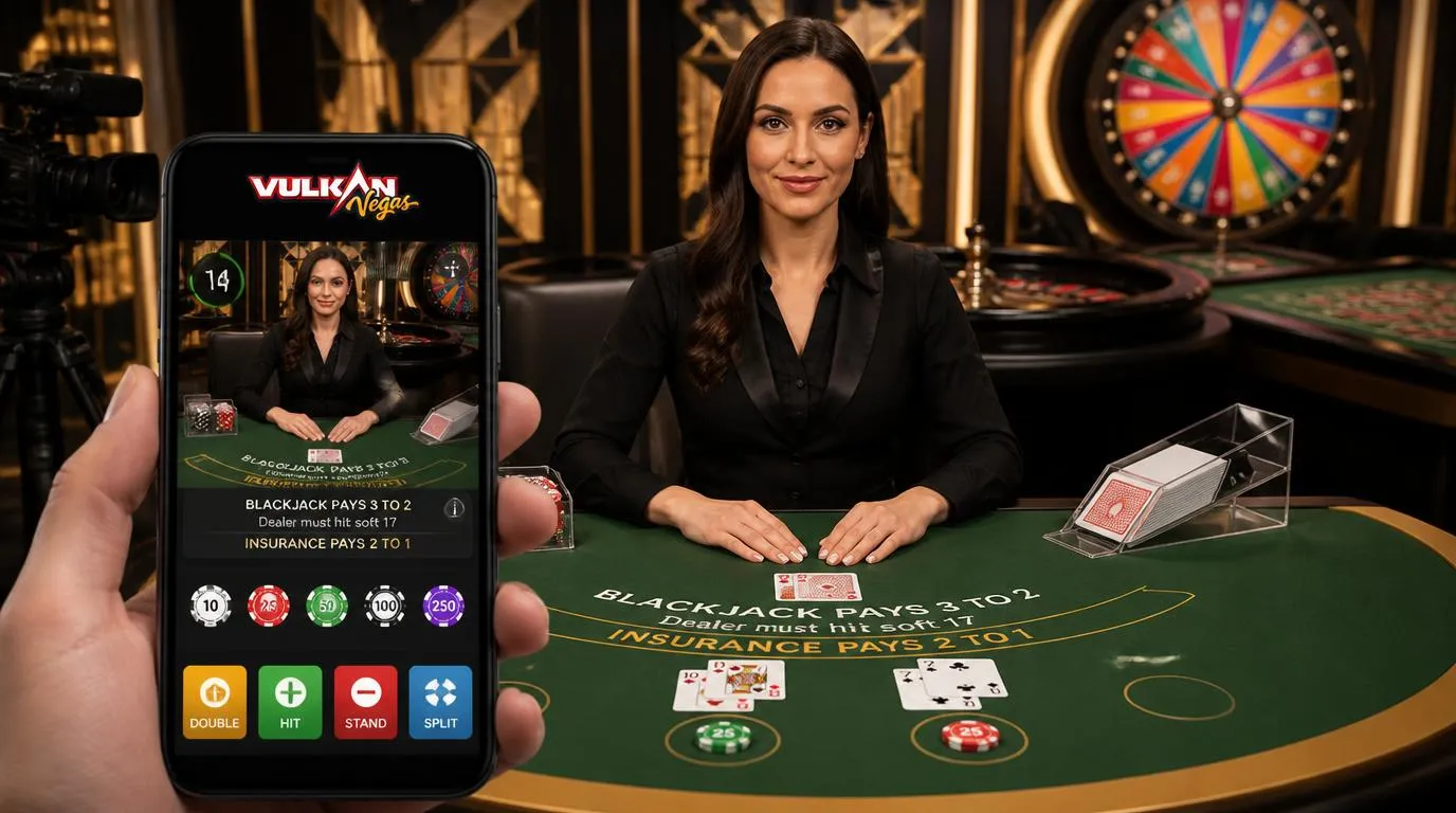 Krupierka przy stole blackjacka i ekran telefonu z transmisją gry na żywo oraz panelem zakładów