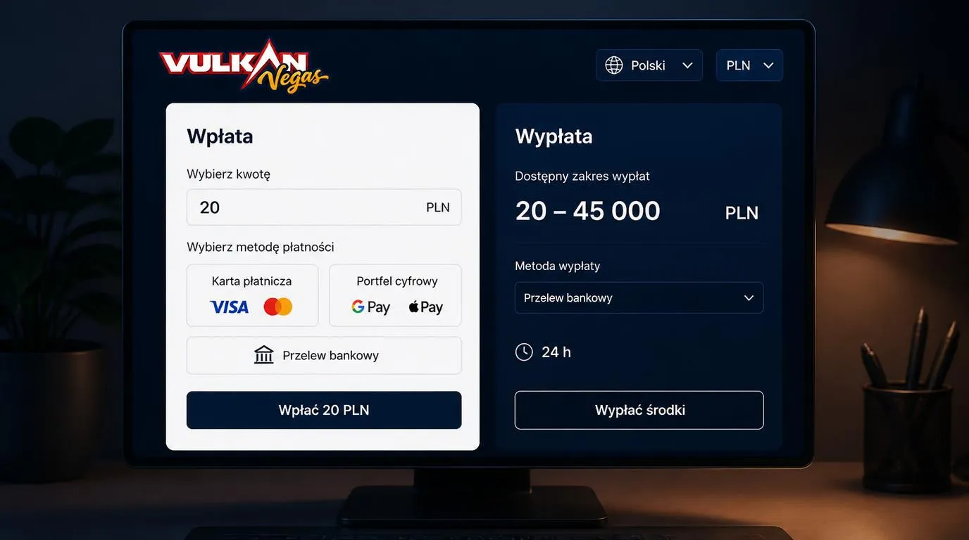 Panel kasy z kwotą 20 PLN, kartami płatniczymi oraz wyborem polskiego języka i waluty PLN