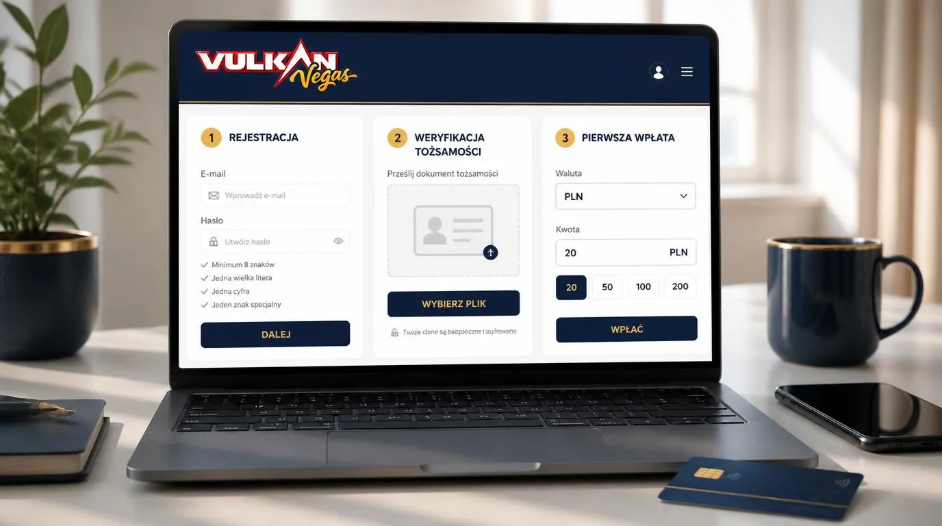Laptop z formularzem rejestracji, panelem weryfikacji tożsamości i ekranem pierwszego depozytu w PLN
